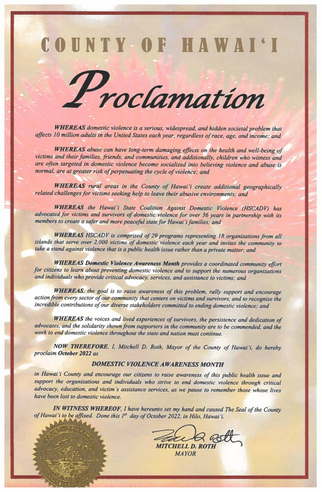 2022 County of Hawaiʻi Proclamation of Domestic Violence Awareness Month from Mayor Mitchell D. Roth pdf link