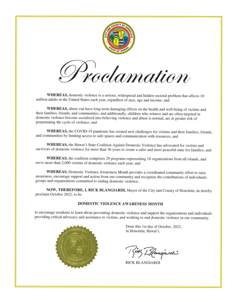 2022 Honolulu County Proclamation of Domestic Violence Awareness Month from Mayor Rick Blangiardi pdf link
