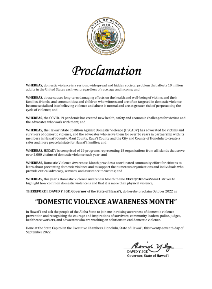 2022 State of Hawaiʻi Proclamation of Domestic Violence Awareness Month from Governor David Ige pdf link